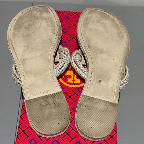 Tory Burch Miller Knotted Pavé Sandals 8.5 Stone Gray Crystal - Picture 10 of 10